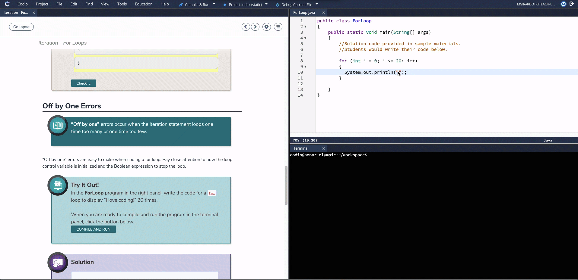 GIF showing how students master Java concepts through embedded assessments and programming in the built-in text editor, compiler, and debugger