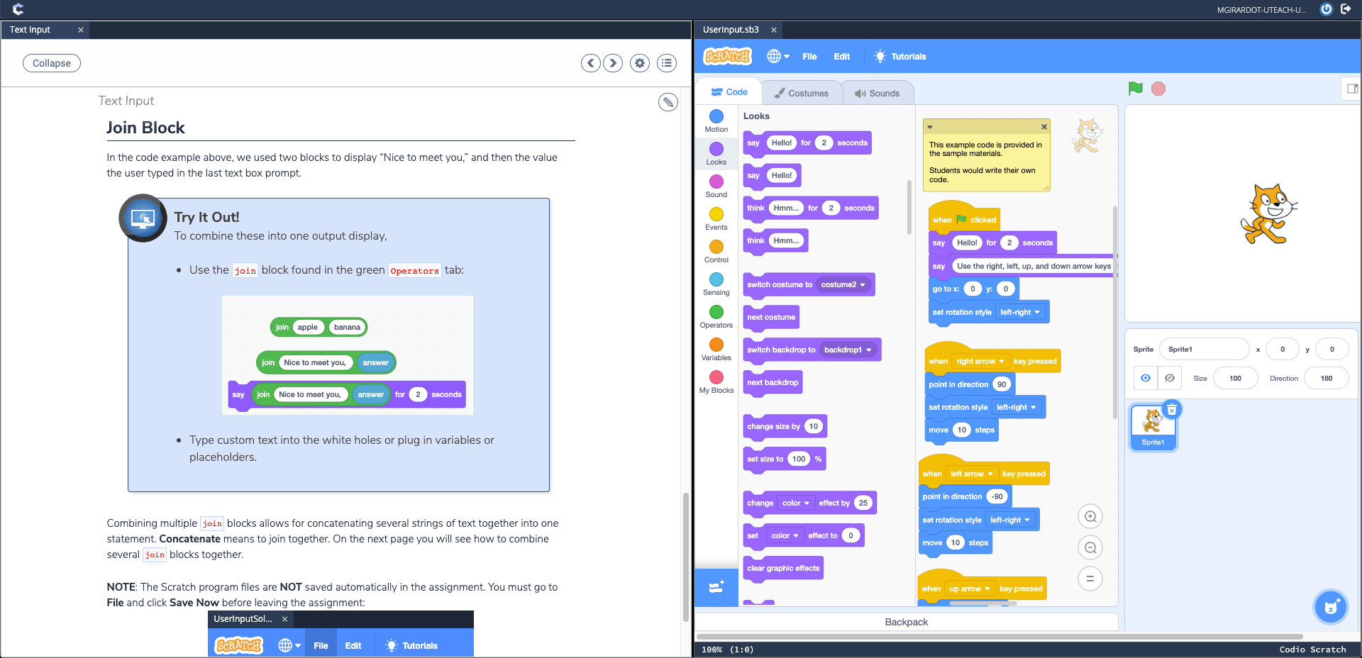 Screenshot from interactive textbook in the AP Computer Science CS Principles course, with built-in Scratch programming environment