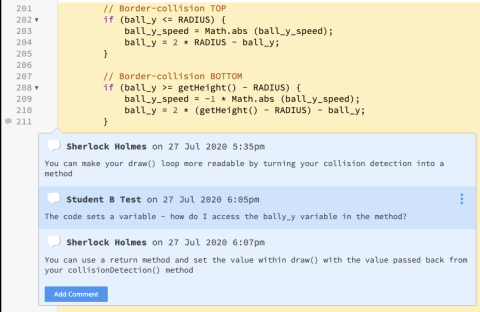 Example of the in-line code commenting feature within Codio