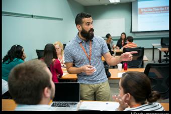 Conference presenter with small group